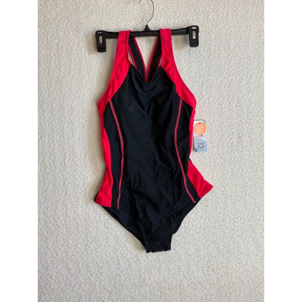 Charmo One Piece Bathing Suit Black Pink Trim Sport Size Small New with Tags
